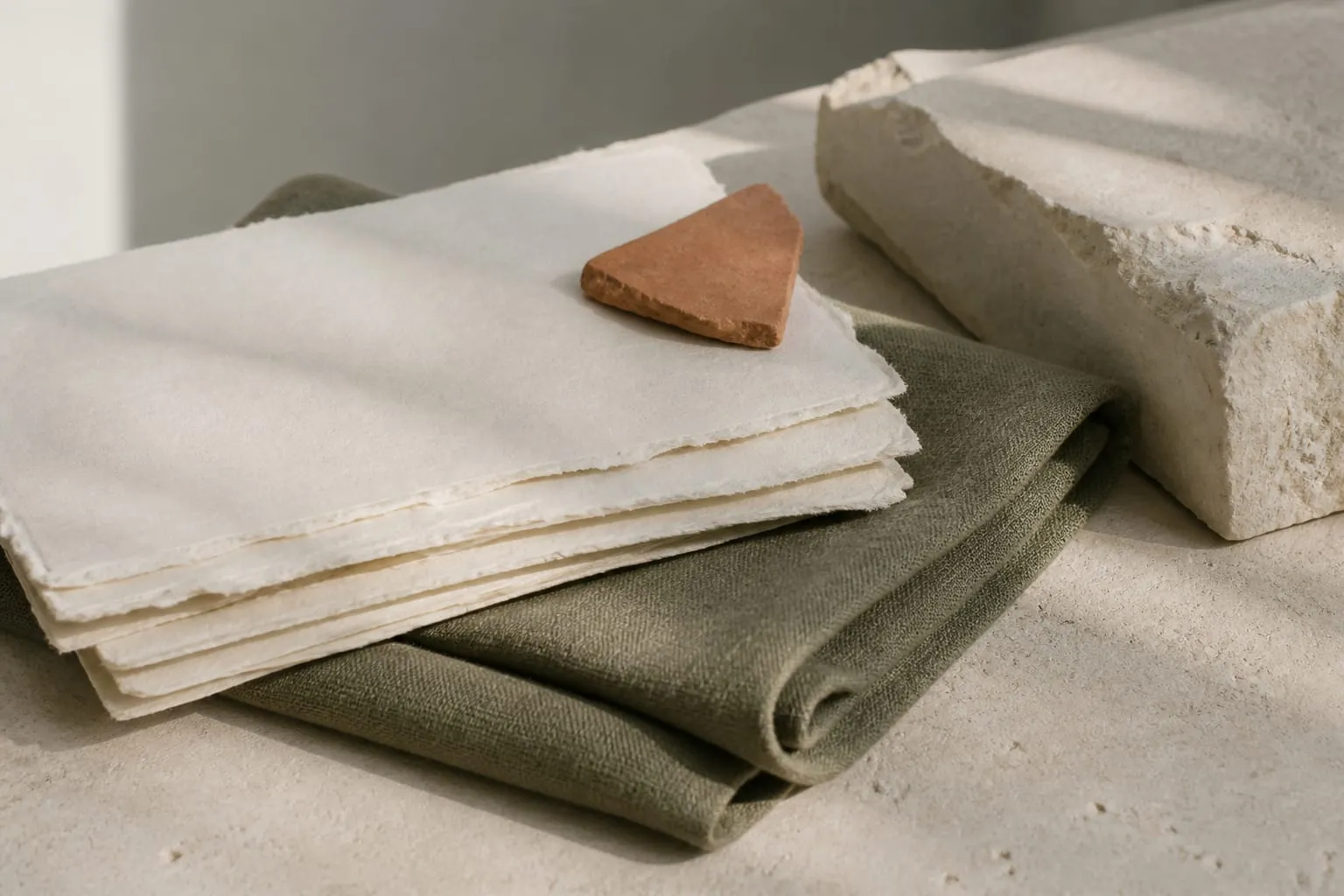 Cream paper, linen, clay and limestone on a studio table.