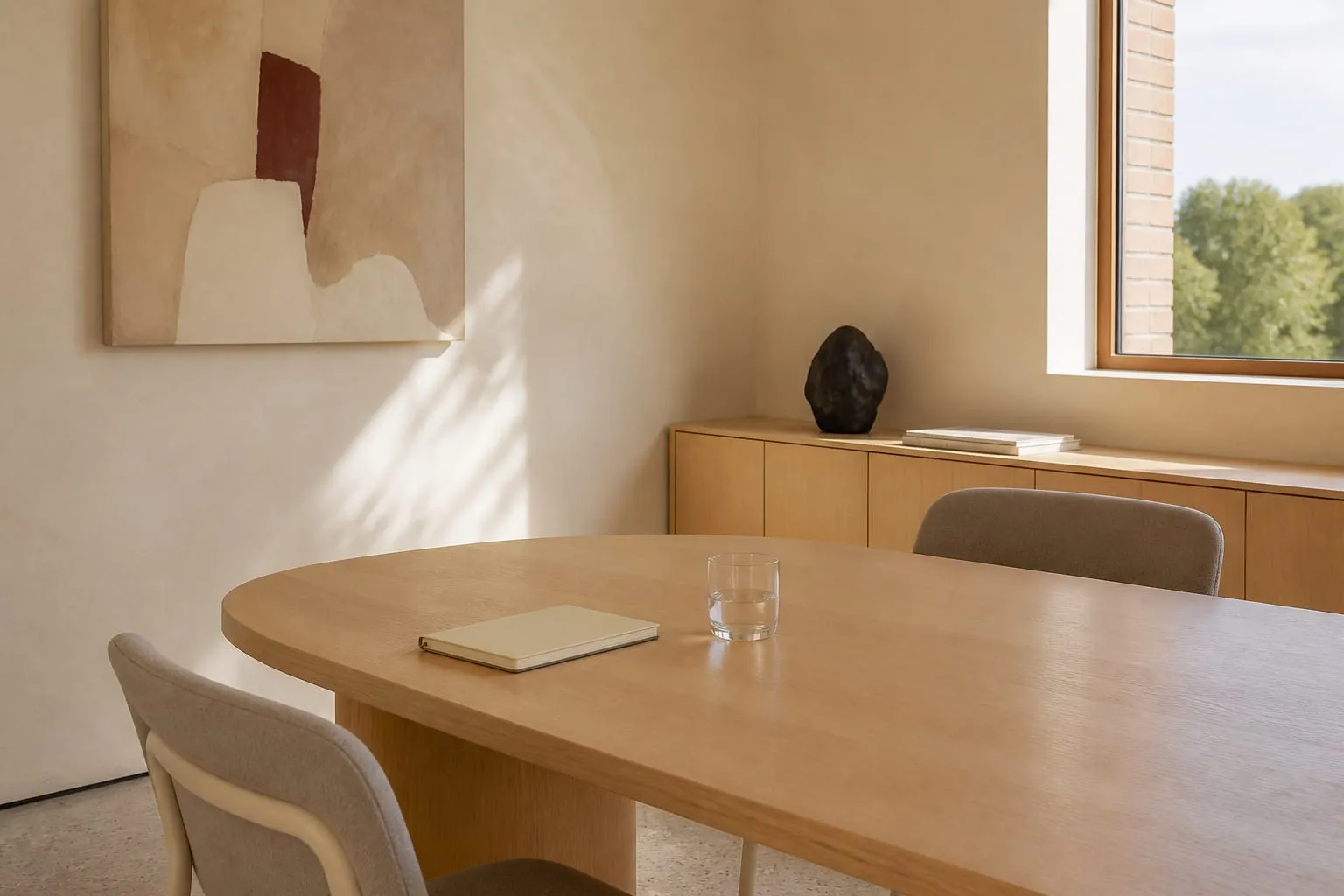 A quiet meeting table with notebooks, ready for a project conversation.