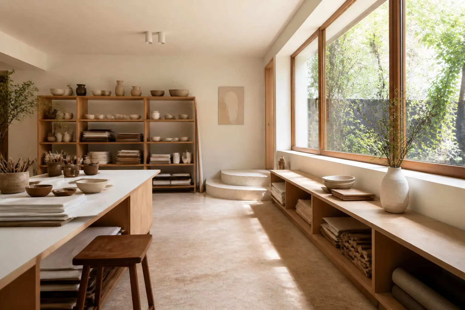 A bright studio room with cream walls, timber, and morning light.